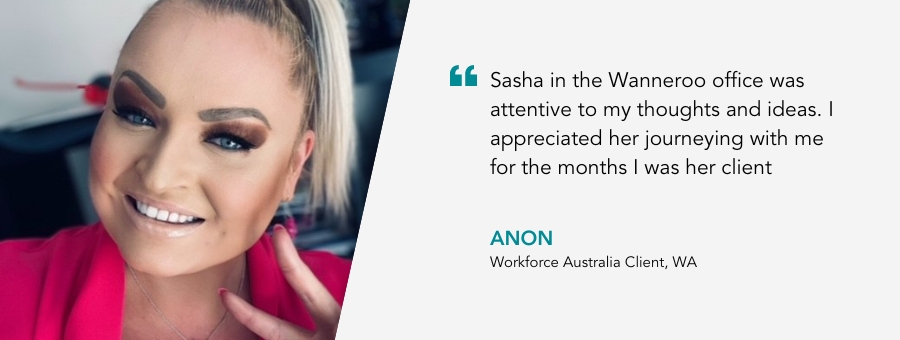 Sasha smiles in a pink blazer with peace sign fingers. Quote reads “Sasha in the Wanneroo office was attentive to my thoughts and ideas. I appreciated her journeying with me for the months I was her client.”