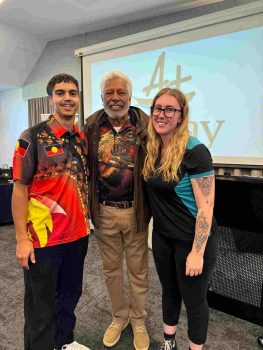 Pictured is atWork Australia team members, Holly and Adrian alongside MC, Ernie Dingo.